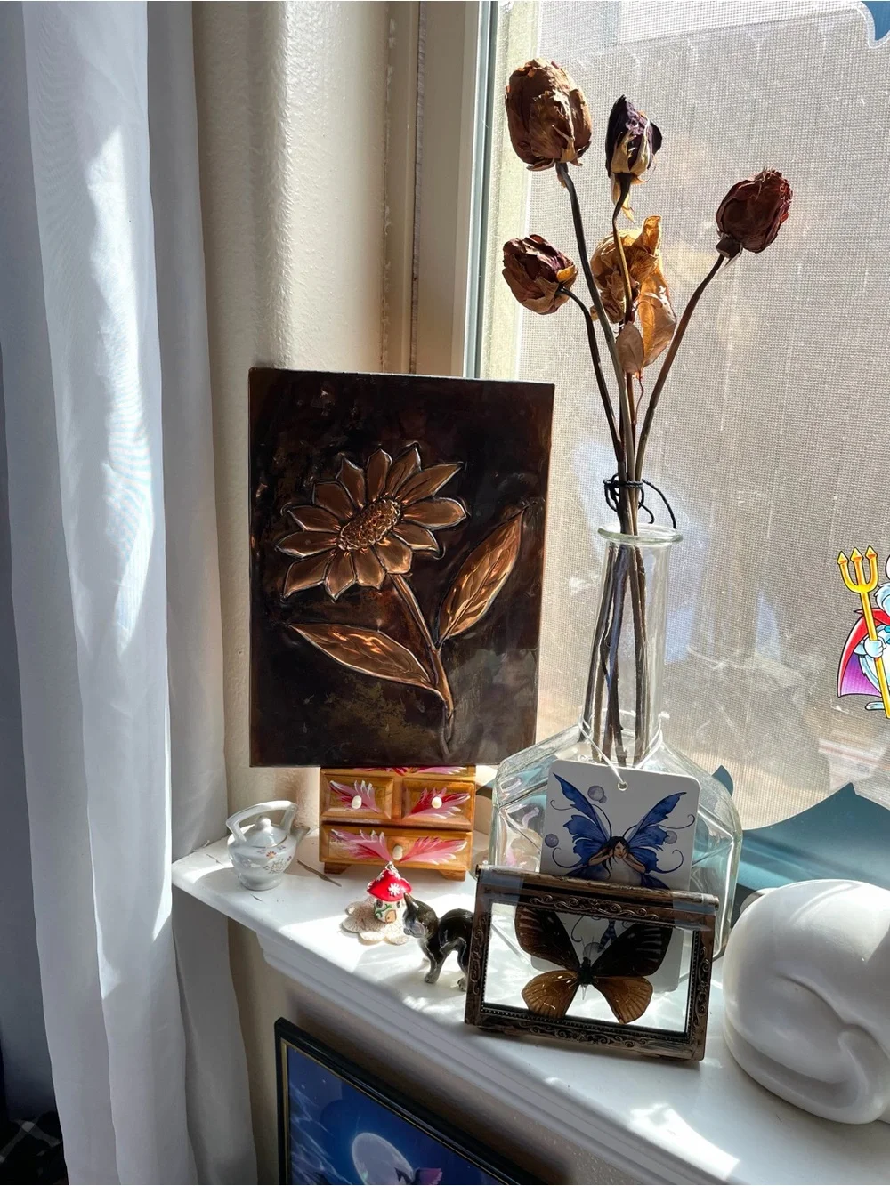Vintage handmade signed bronze copper emboss 3D sunflower Art decor art